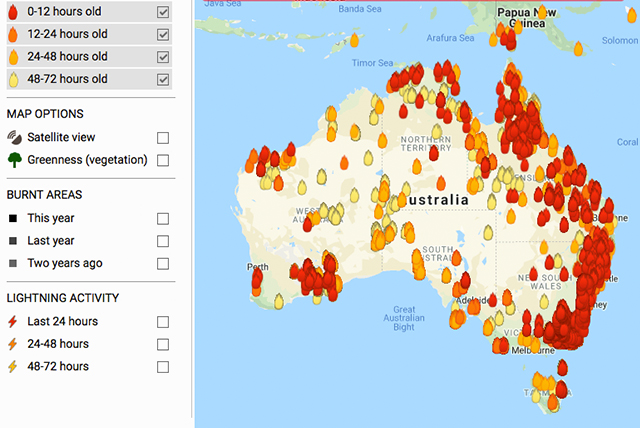 オーストラリア 過去72時間の山火事